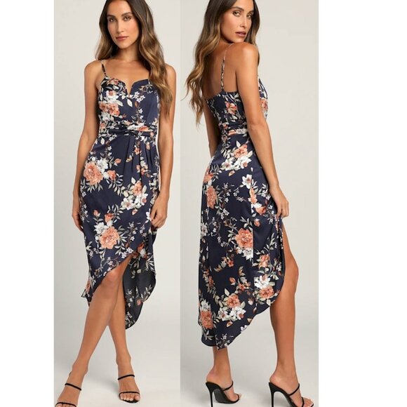 Lulus Dresses & Skirts - Lulus My Favorite Day Navy Blue Floral Print Tulip Skirt Midi Dress Small NWT